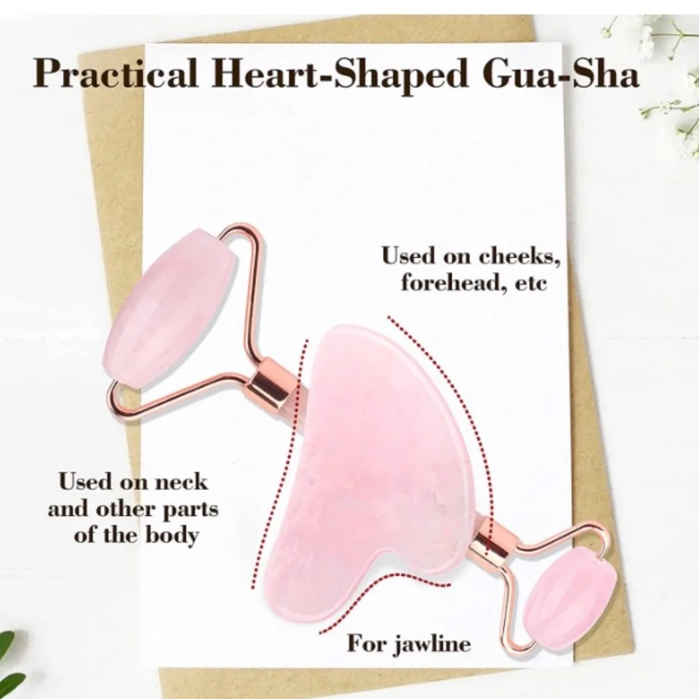 Jade Roller & Gua Sha Set Anti-Aging Rose Quartz for Skincare Facial Massager